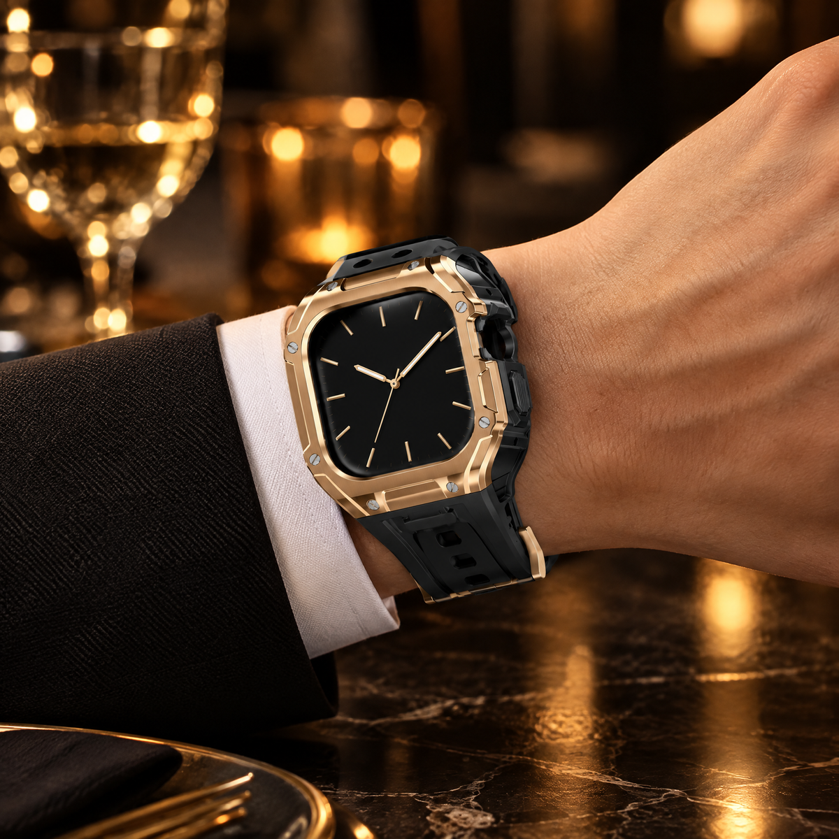 ARCUS Black Goldを装着したアップルウォッチ一体型ケース